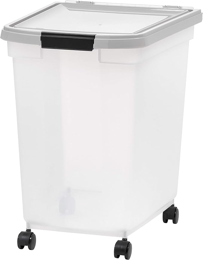 IRIS USA 50 Lbs WeatherPro Airtight Pet Food Storage Container with Removable Casters, for Dog Cat Bird and Other Pet Food Storage Bin, Keep Fresh, Clear/Gray