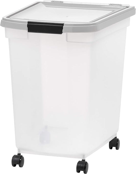 IRIS USA 50 Lbs WeatherPro Airtight Pet Food Storage Container with Removable Casters, for Dog Cat Bird and Other Pet Food Storage Bin, Keep Fresh, Clear/Gray