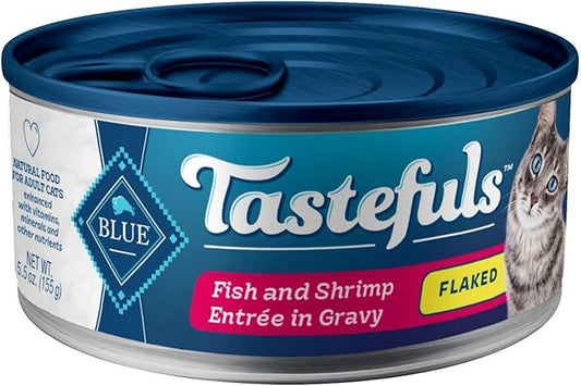 Blue Buffalo Tastefuls Flaked Wet Cat Food, Made with Natural Ingredients, Fish and Shrimp Entrée in Gravy, 5.5-oz Cans (24 Count)