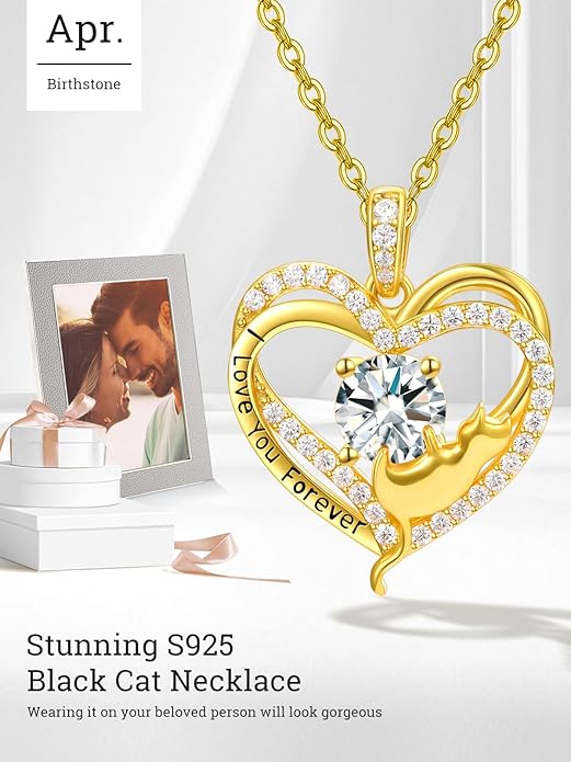 Birthstone Cat Necklaces,925 Sterling Silver Cat Necklace Heart Pendant for Women,Dainty Animal Jewelry for Her,Wedding Anniversary Birthday Gifts for Women Mom Grandma