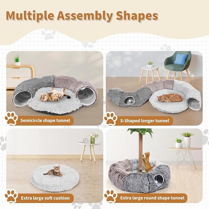 Odoland Large Cat Tunnels for Indoor Cats Fluffy Cat Bed and Detachable Cat Cave Tunnels with 20 Cat Toys, Cat Donut Tunnel and Variety Kitten Toy Set for Chewing Playing