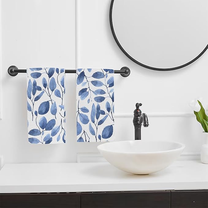 Blue Eucalyptus Leaves Bathroom Hand Towel Set of 2,Watercolor Botanical Plant Leaves Fingertip Kitchen Hand Towel,Soft Absorbent Decorative for Hotel Home Decor