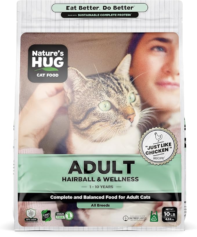 Nature's HUG Dry Cat Food, for Adult-All Breeds, 10 lb. Bag, Just Like Chicken Recipe, Grain Free & Hypoallergenic, Supports Microbiome Health, Sustainable Complete Protein & Balanced Nutrition
