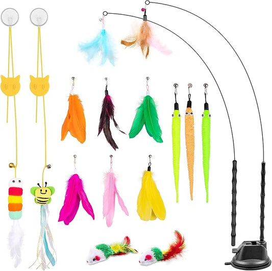 Depets Cat Wand Toy, 15 Pcs Interactive Cat Feather Toys, Cat Teaser Toy for Indoor Cats Self Play, 2 Play Modes Cat Toys Wand, Reusable Suction Cup Cat Toys for Indoor Cats Kittens Play Exercise