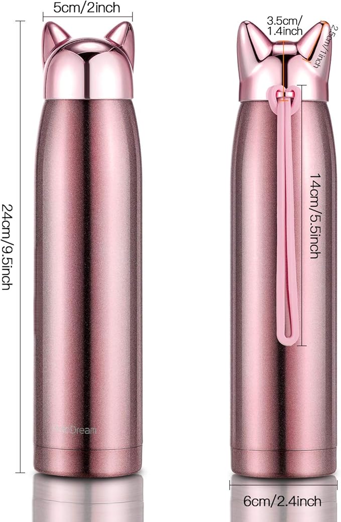 Boao Cute Cat Water Bottle Stainless Steel Insulated Bottle Thermal Travel Coffee Mug Christmas Vacuum Water Mug for Women, 300 Ml/10 oz(Pink)