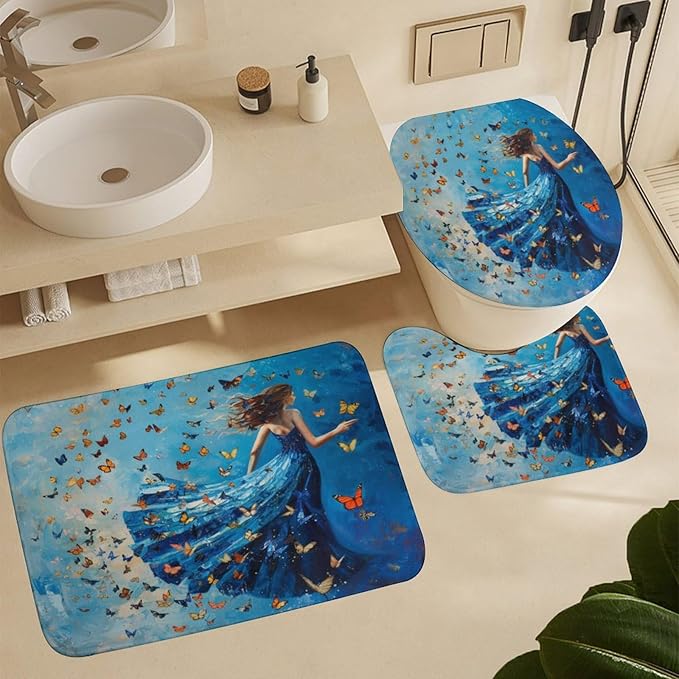 Brebasf Rustic Aesthetic Anime Girl Shower Curtain Set Bathroom Set Decorative Vintage Rustic Oil Painting Summer Beach Fantasy Colorful Butterfly 4 Piece