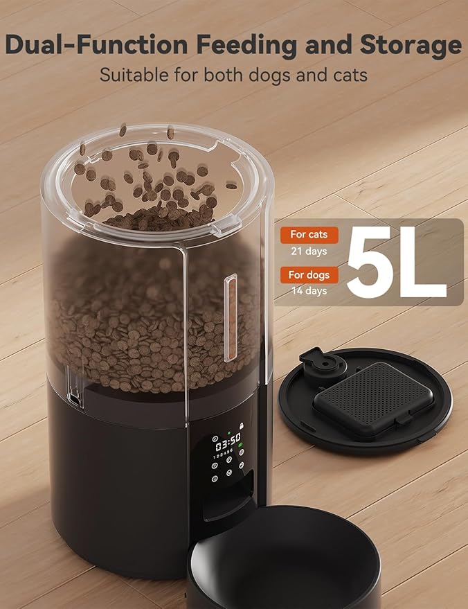 WOPET Automatic Cat Feeder,5L Automatic Cat Dry Food Dispenser,Timed Cat Feeder 6 Meals Daily with Portion Control,10s Voice Recording with Backup Power