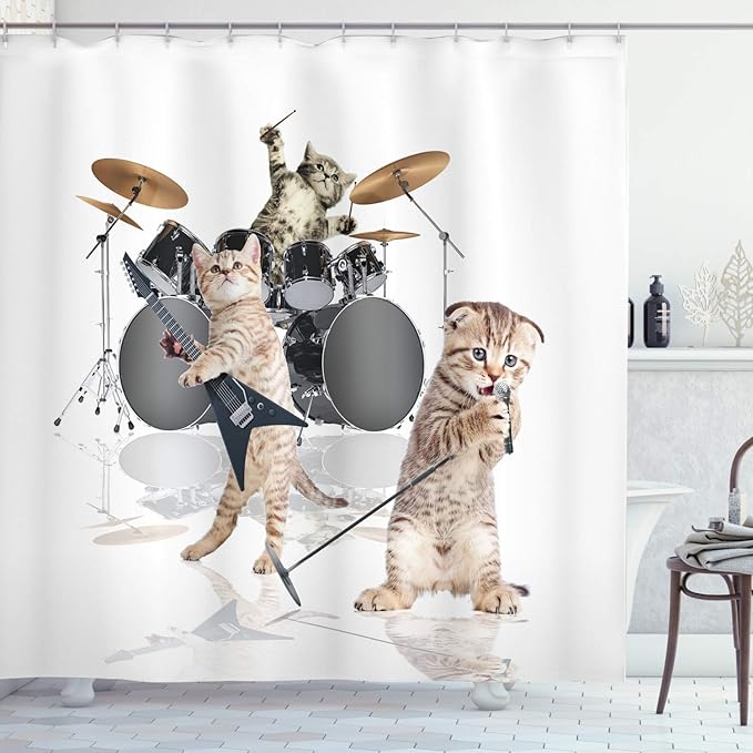 Ambesonne Animal Shower Curtain, Cool Hard Rocker Band of Kittens Singer Guitarist Cats Art Print, Cloth Fabric Bathroom Decor Set with Hooks, 69" W x 70" L, White Charcoal Grey Multicolor