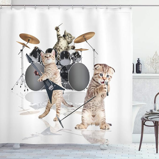 Ambesonne Animal Shower Curtain, Cool Hard Rocker Band of Kittens Singer Guitarist Cats Art Print, Cloth Fabric Bathroom Decor Set with Hooks, 69" W x 84" L, White Charcoal Grey Multicolor