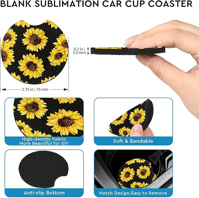 Car Coasters for Cup Holders,2 Pack Sunflowers Leopard Car Cup Holder Coasters,2.75" Universal Size Anti Slip Rubber Mat,Sunflowers Gifts for Women,Mom,Her,Wife,Girlfriend