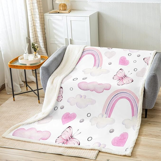 Pastel Throw Blanket for Couch Bed Kids Girls Rainbow Fleece Blanket Pink Butterfly Cloud Sherpa Blanket Twin Size Cute Butterflies Blanket Lovely Heart Print Plush Blanket White Room Decor,Cozy