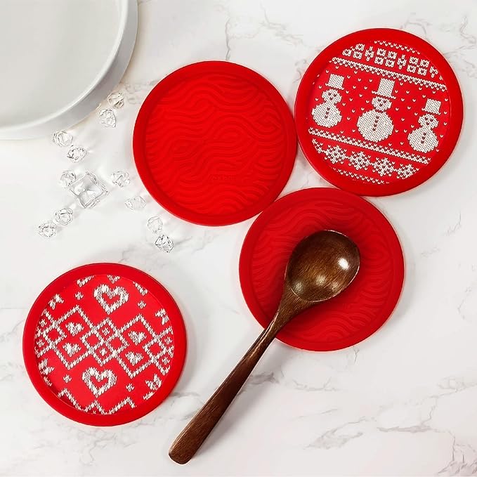 6-Pack Silicone Coasters with Deep Tray Holder, Double-Sided Drink Coasters, Christmas Decorations