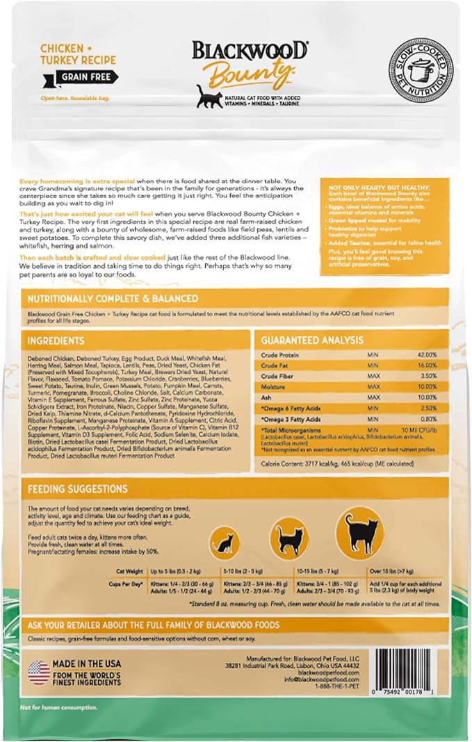 Blackwood Bounty Grain Free Cat Food, Chicken and Turkey Recipe, 2 lb. Bag