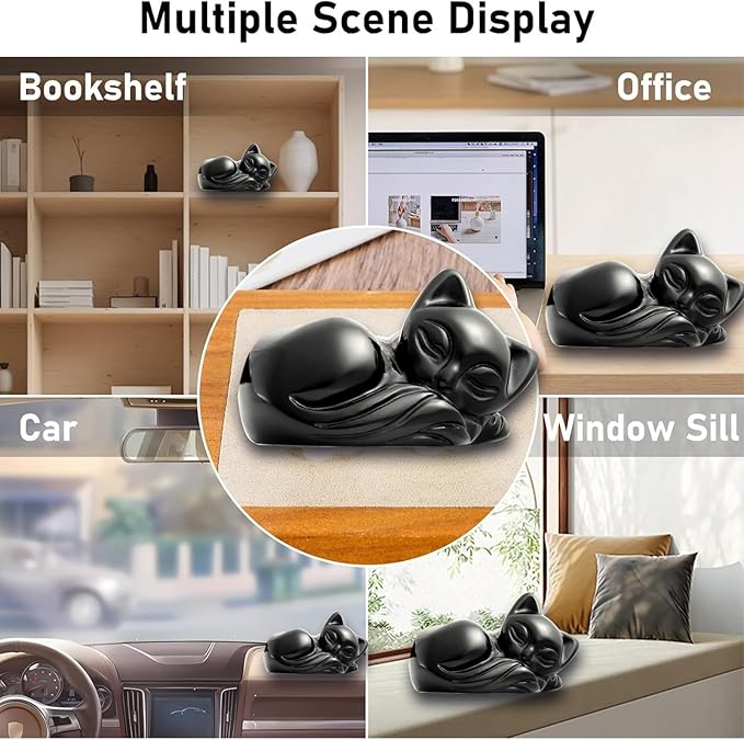 2" Sleeping Cat Statue Opalite Healing Crystals Hand Carved Cute Kitten Figurine, Worry Stone for Anxiety Relif Home Desk Decor Animal Figurine (Opalite)