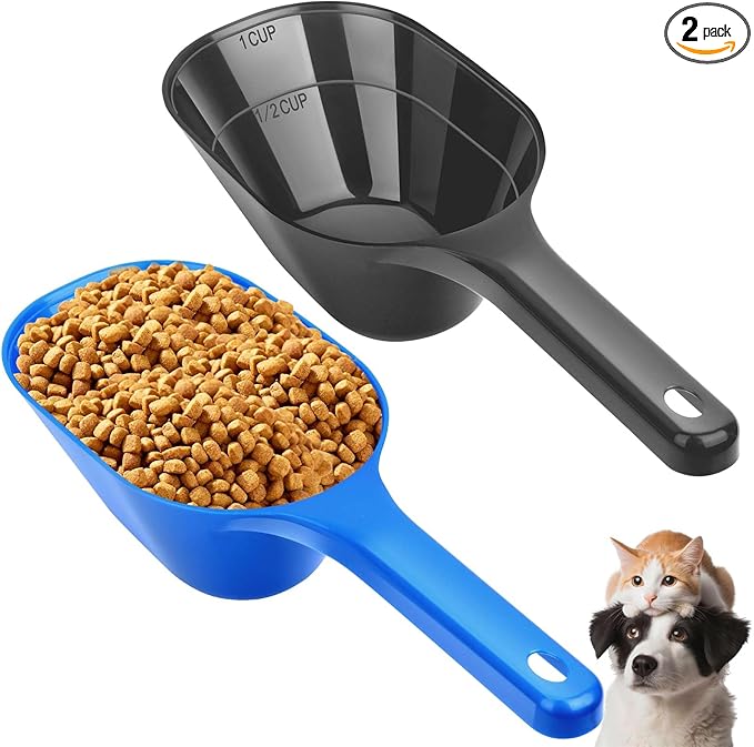 2 Pack Dog Food Scoop, 1 Cup Pet Food Scoop With Measuring Lines (Black and Blue)