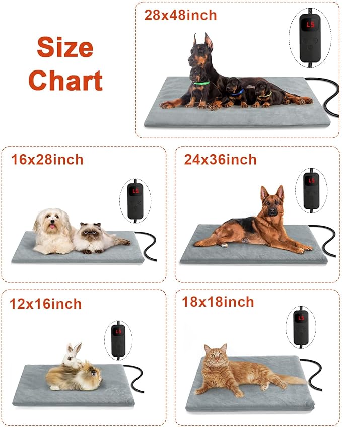 Pet Heating Pad for Cat Dog,Extremely Waterproof Heated Cat Bed Outdoor&Indoor,Adjustable Heated Dog Blanket Mat with 6 Temperature&5 Timers Set,Pet Heater Warmer(Grey,L-28 Lx16 W)