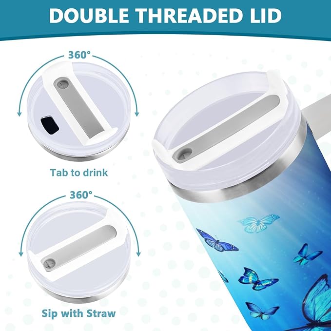 Boccsty Butterflies Blue Animal Insulated Tumblers Reusable Stainless Steel Tumbler 30 oz Cup Coffee Travel Mug Water Bottle with Handle & Flip Straw for Home Office Car