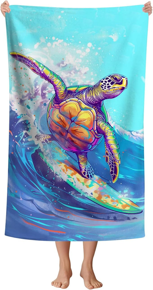 WZOMT Microfiber Turtle Beach Towel Oversized, Funny Sea Turtle Surfing Blue Ocean Pool Towel, Quick Dry Animal Print Bath Towel, Soft Absorbent Towels for Swim Travel Yoga Sports 32x52 Inch