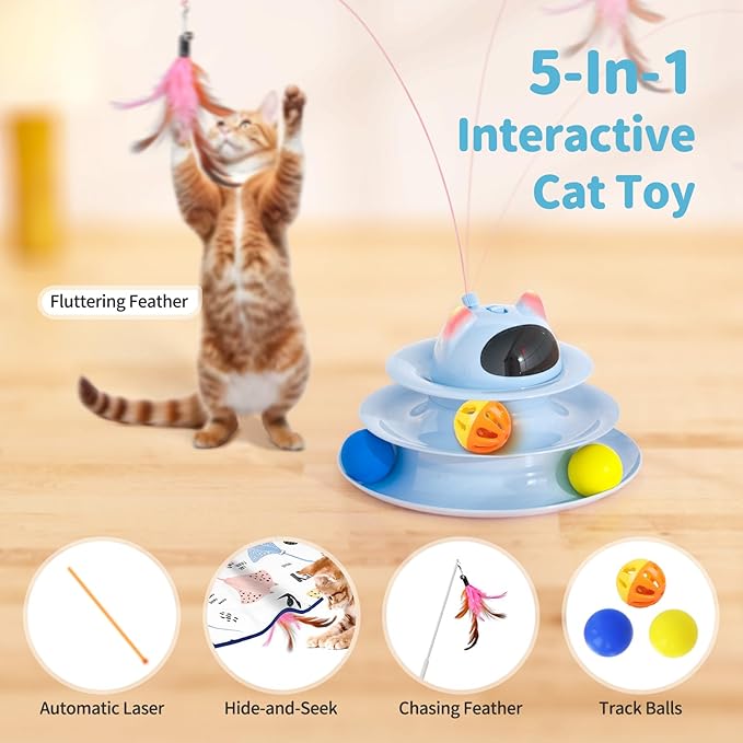 Interactive Cat Toys,5-in-1 Automatic Cat Toy for Indoor Cats, Rechargeable Hide and Seek Toy with PVC Cover