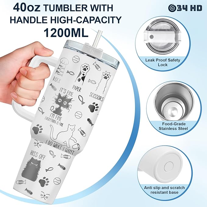 34HD Funny Black Cat Tumbler with Handle and Straw, 40oz Double Wall Vacuum Insulated Kitty Mug, Pet Gifts for Women Men, Cat Lover Gifts for Birthday Mothers Day Halloween Christmas