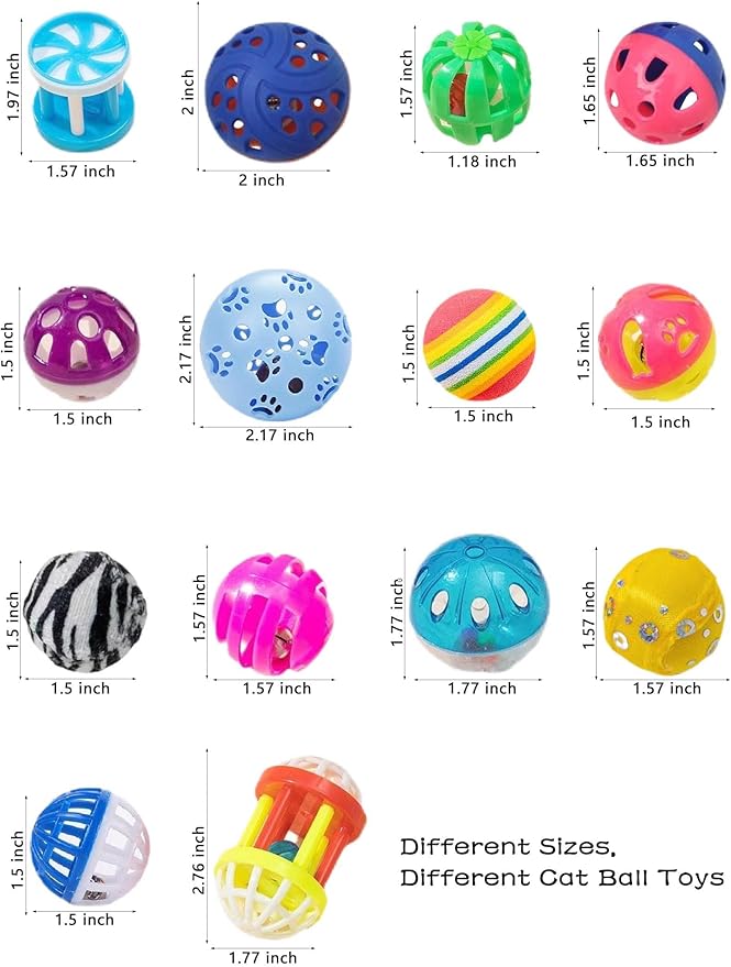 Cat Toys for Indoor Cats & Kittens - 10 Plastic Balls with Bells, Interactive Play & Healthy Exercise, 1.5-2.2 Inches, Assorted Styles