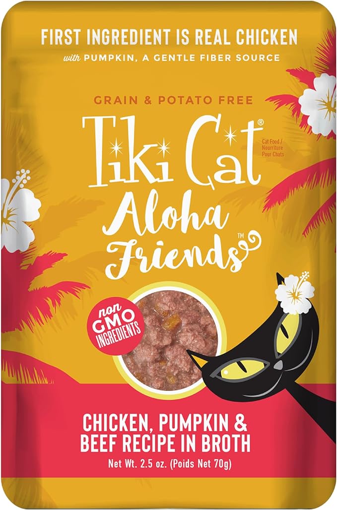 Tiki Cat Aloha Friends, Chicken, Pumpkin & Beef, Grain-Free & High Moisture, Wet Cat Food for All Life Stages 2.5 oz. Pouch (Pack of 12)