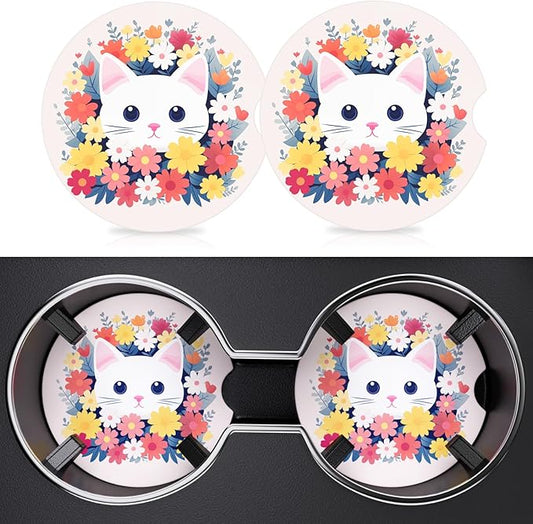 2 Pack Car Cup Holder Coasters, 2.63 inch Anti Slip Insert Absorbent Ceramic Coasters with Cork Base and Finger Notch, Cute Car Accessories Interior for Women