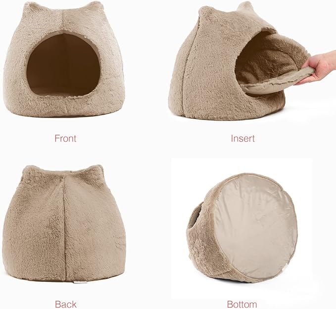 Best Friends by Sheri Meow Hut in Fur Cover Dome Cat and Dog Bed, Wheat, Small