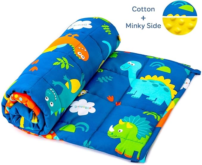 Uttermara Weighted Blanket 7 lbs, Ultra Cozy Minky Fleece and Cotton Sided with Cartoon Patterns, Reversible Heavy Blanket Great for Calming and Sleeping, 36x48 inches, Blue Dinosaur Park