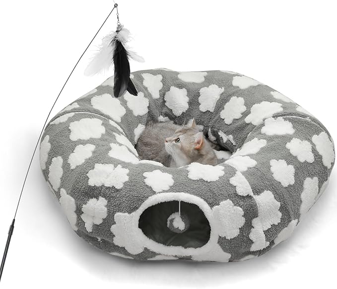Cat Tunnel Bed for Indoor Cats,Soft Plush Peekaboo Cat Donut Tunnel with Washable Circle Cushion, Round Pet Play Tunnel Toy for Kitten Puppy Rabbit Ferret Grey