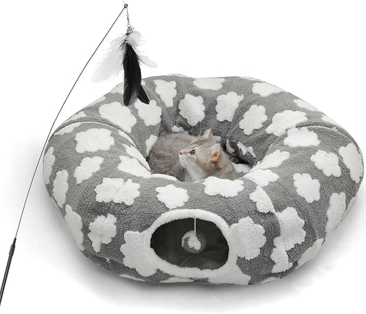 Cat Tunnel Bed for Indoor Cats,Soft Plush Peekaboo Cat Donut Tunnel with Washable Circle Cushion, Round Pet Play Tunnel Toy for Kitten Puppy Rabbit Ferret Grey