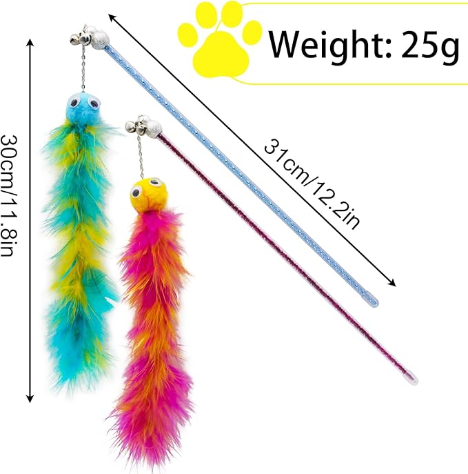 Andiker Cat Feather Toys, 2PCS Cat Wand Toys with Bell&Plush Balls, 12in Colourful Interactive Kitten Teaser Toy, Funny Interactive Cat Toys for Cat Indoor Playing Training Chasing (Red + Green)