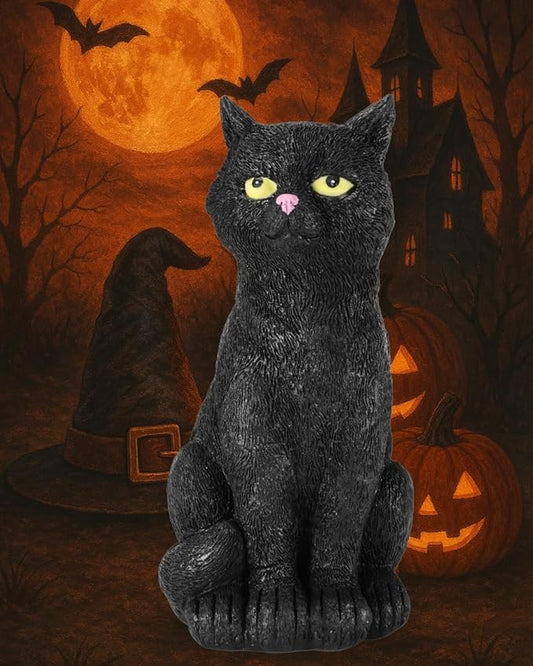 Black Cat Figurine with Glow-in-The-Dark Eyes - 7.3" Spooky Resin Halloween Decorations Halloween Decor Outdoor/Indoor (Black Cat)