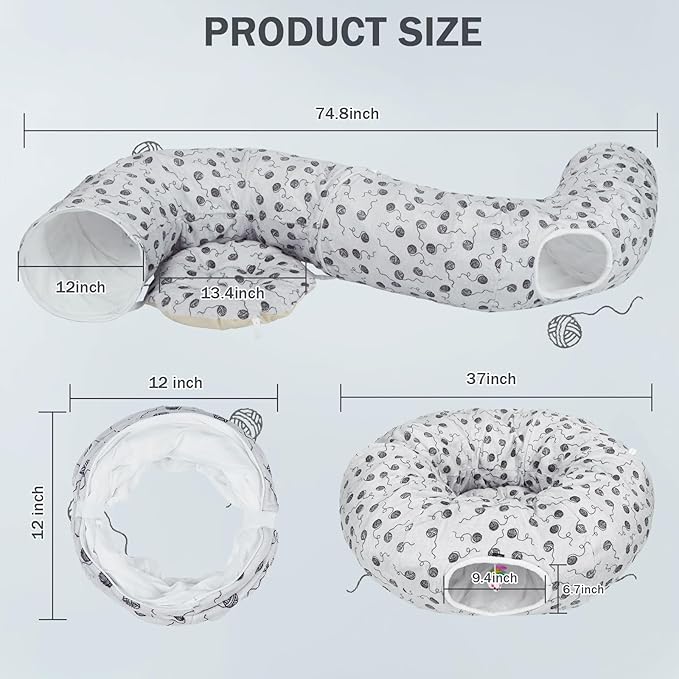 Ownpets Large Cat Tunnel Bed 12 inch Diameter for Large Cats Up to 35 Lbs, Cat Donut Tunnel Bed with Soft Mat, Soft Plush Cat Tube, Peekaboo Cat Cave, Gray