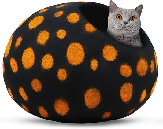 Woolygon Premium Felt Cat Cave Bed - Polka Dot Series - Wool Kitty Beds Handcrafted Kitten Caves Bed for Indoor Cats - Eco-Friendly Merino Wool, Foldable Cat Hideaway Cat Houses (Yellow/Black Dots)