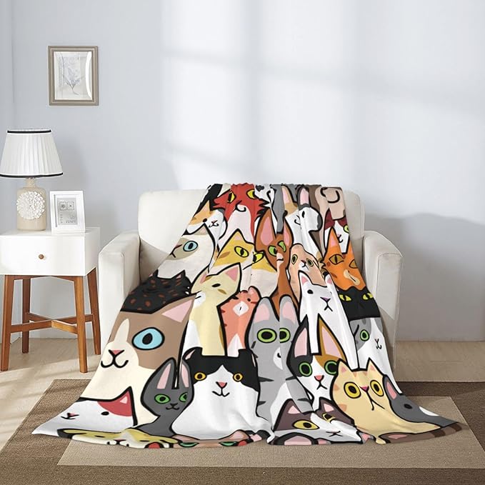 Cat Face Cute Animal Cartoon Blanket, Soft Blankets Flannel Bed Throw Cozy Lightweight Plush Gifts for Kids Boys Girls Women Men Sofa Couch Bedroom Living Rooms Warm All Season, Home Decor, 80"x60"