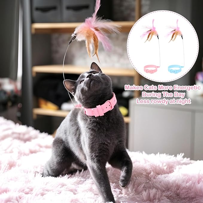2Pcs Cat Collar Toy, Adjustable Cat Feather Neck Collar Toy Cat Teasing Wand with Silicone Collar, Funny Cat Stick, Interactive Self Playing Toys Bell for Indoor Cat Playing Small Animals(Blue, Pink)