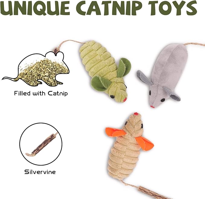 Catnip Toys, Silvervine Cat Toy, 3 Pcs Cute Cat Toys for Indoor Cats, Soft Plush Cat Mice Catnip Toys, Interactive Cat Teething Chew Toy for Cat Kitten Kitty