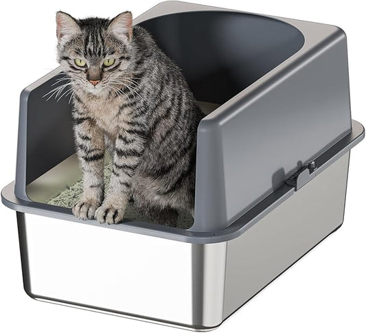 High-Sided Stainless Steel Cat Litter Box,Stainless Steel Litter Box with Lid,Extra Medium Box,Easy-to-Clean Metal Litter Pan for Cats (20''L X 14''W X 12''H with Enclosure)