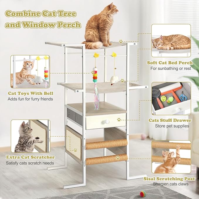 Modern Cat Tree with Sisal Scratching Post,Cat Scratcher,Cat Tower with Cat Hammock Bed Perch,Toys,Storage Drawer,Small Cat Tower Tree Stand,Cute Cat Condo for Kittens Medium Cats