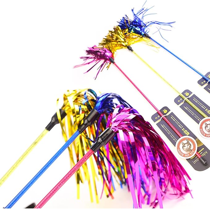 ADUCK Cat Toys Interactive Teaser Wand Toy with Tassels Worms Catcher for Cats Kitten, Pack of 3 (Gold + Blue + Pink)