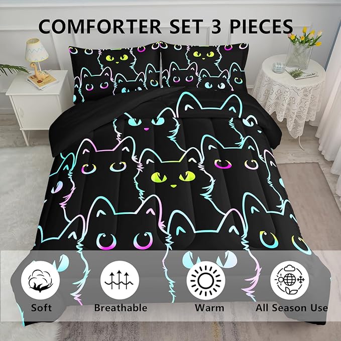 Axolotl Kids Bedding Cartoon Cat Comforter Set Queen Size,Gradient Line Cute Cat Bedding Set for Teens Kids Boys Girls Adults Room Decor,Kids Comforter Set All Season,1 Comforter 2 Pillow Cases,Black