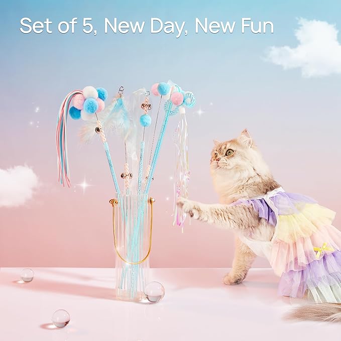 Potaroma Interactive Wand Cat Toys Toy, 5 Pcs Kitten Feather Toys for Indoor Cats to Chase and Exercise, Fun Cat Teaser, Light Blue