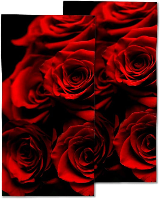 Rose Hand Towels Set, Abstract Red Rose & Black Leaves Polyester Cotton Soft Bath & Kitchen Towels 14x28