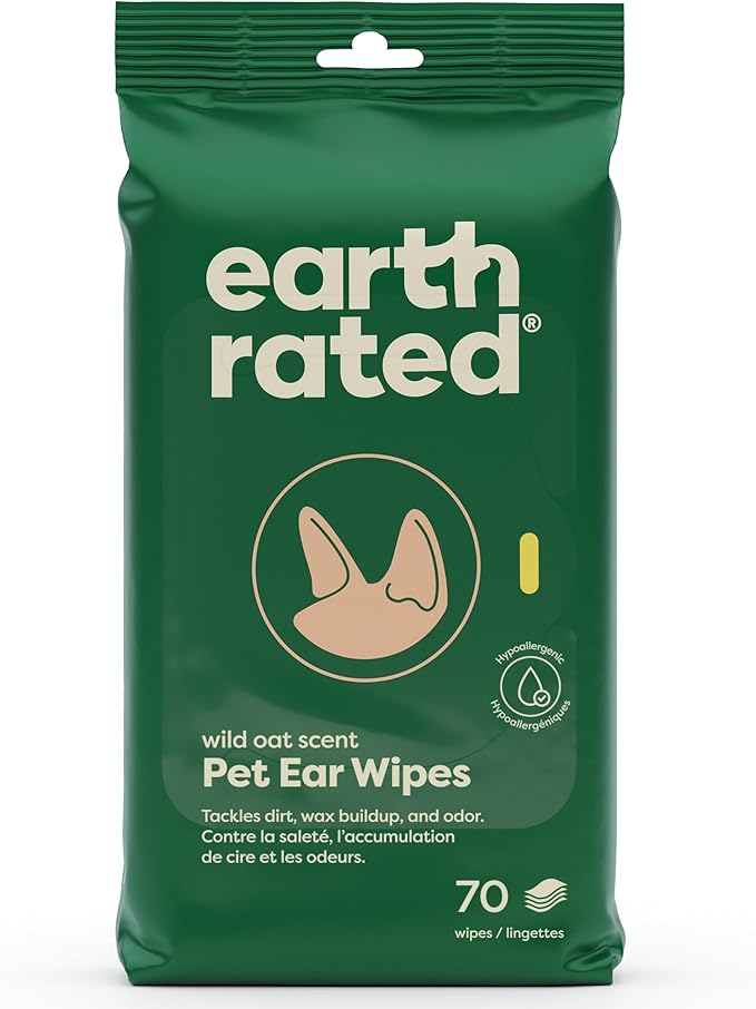 Earth Rated Pet Ear Wipes, Hypoallergenic Cleaner for Dogs & Cats Ears to Remove Dirt and Wax Build Up, Wild Oat Scent, 70 Count