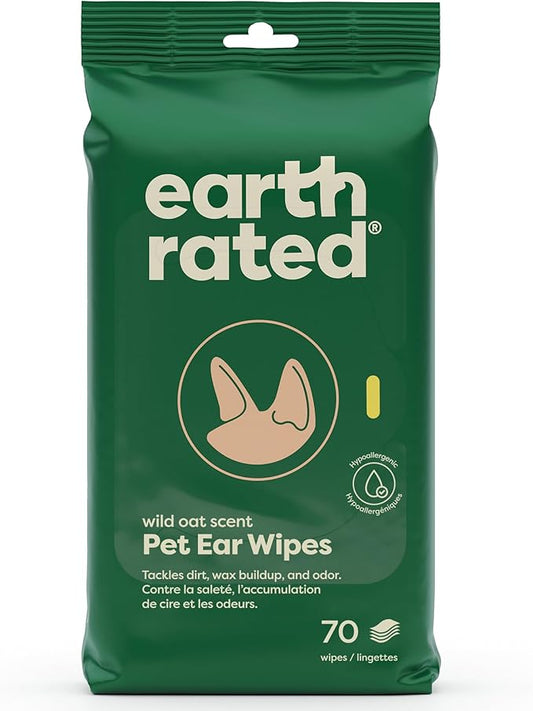 Earth Rated Pet Ear Wipes, Hypoallergenic Cleaner for Dogs & Cats Ears to Remove Dirt and Wax Build Up, Wild Oat Scent, 70 Count