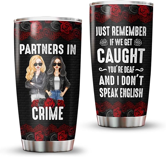 34HD Partners in Crime Tumbler with Lid, 20oz Stainless Steel Bestie Drinking Cup, BFF Coffee Mug, Best Friends Gifts for Birthday Christmas, Funny Friends Gift Ideas for Women