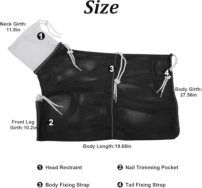 Cat Bathing Bag, Breathable Mesh Cat Shower Bag Anti Scratch Adjustable Cat Grooming Bag for Nail Trimming, Bathing Polyester Soft Cat Washing Bag (White- Black)