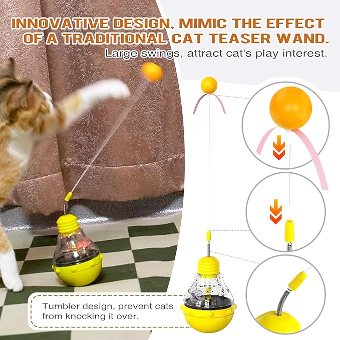 Light Bulb Tumbler cat Toy, Never Knocked Over by Cats, high Elasticity cat Teaser Stick, Slow Food Distribution Toy, Cat's Enlightenment Puzzle Toy - Blue (Yellow)