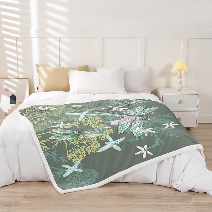 Feelyou Dragonfly Sherpa Blanket 40x50 Inches Botanical Floral Fleece Throw Blanket for Kids Girls Teens Women Bedroom Decor Nature Animals Branches for Sofa Bed Couch Vintage Green